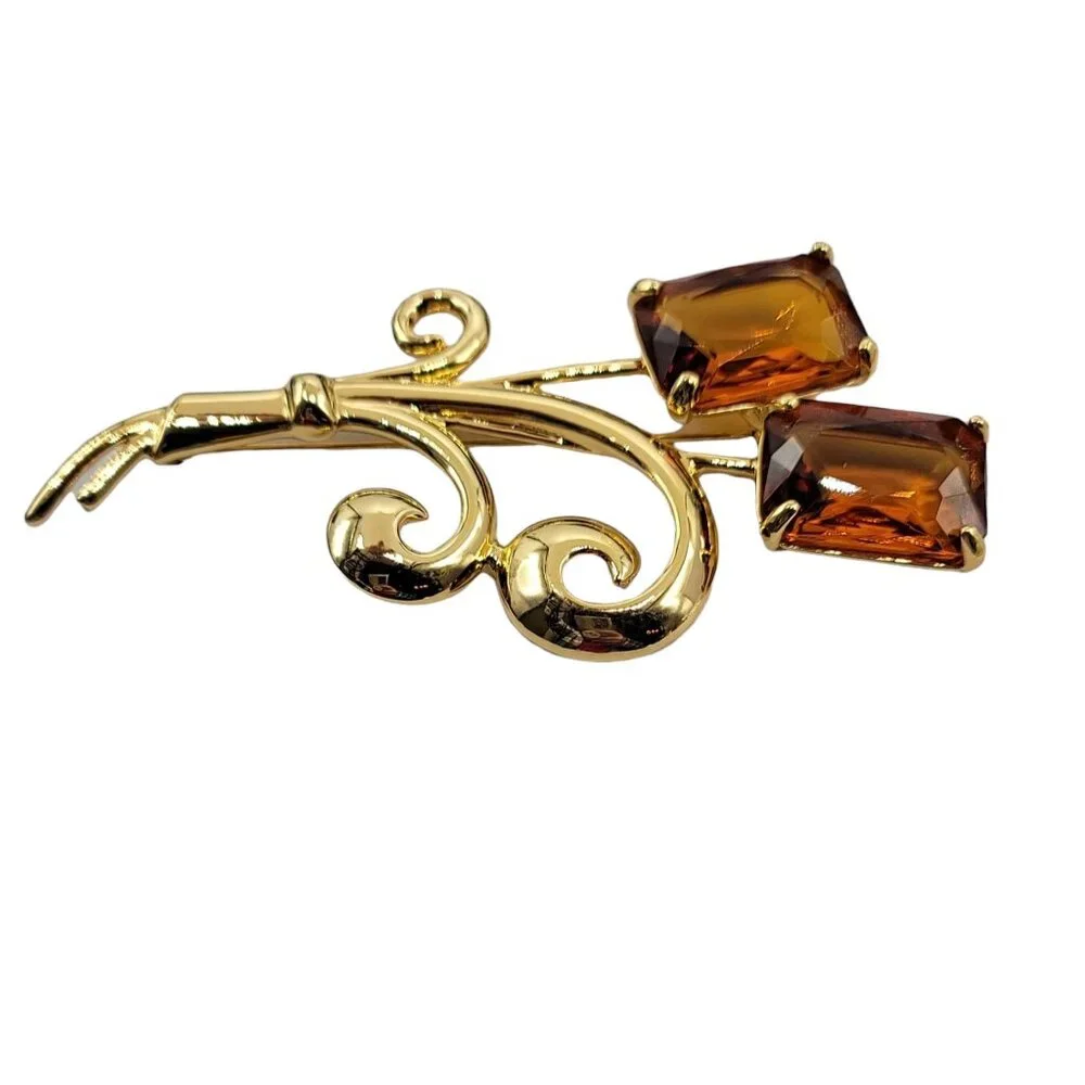 Nolan Miller Floral Topaz Faceted Glass Rhinestone Large Pin Brooch Signed